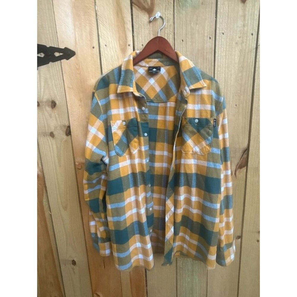 LRG Lifted Research Group XL Plaid Flannel Shirt Shacket Mustard Green Oversized